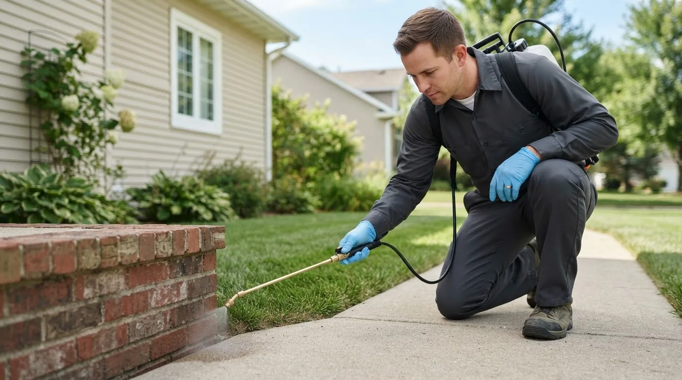 Pest control technician treating a home near Wright, MN